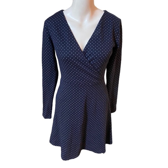 LOFT Dresses & Skirts - LOFT Navy Blue & White Polka Dot Long Sleeve Knit Fit & Flare Dress Size 0 New